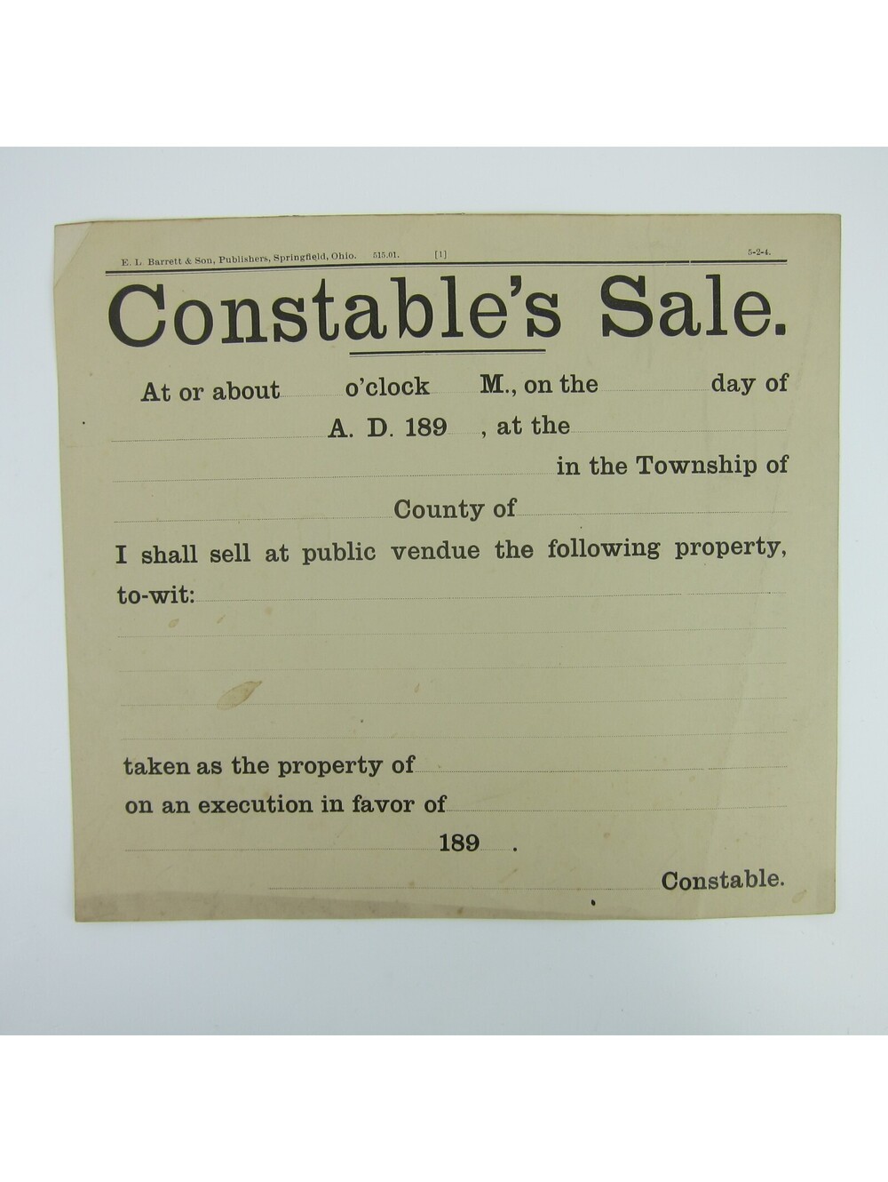 Antique 1890s Constable's Sale Record Form Blank E.L. Barrett & Son Ohio RARE
